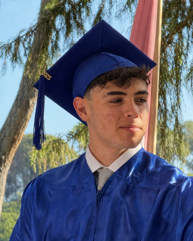 Umberto Anniciello in a blue graduation cap and gown